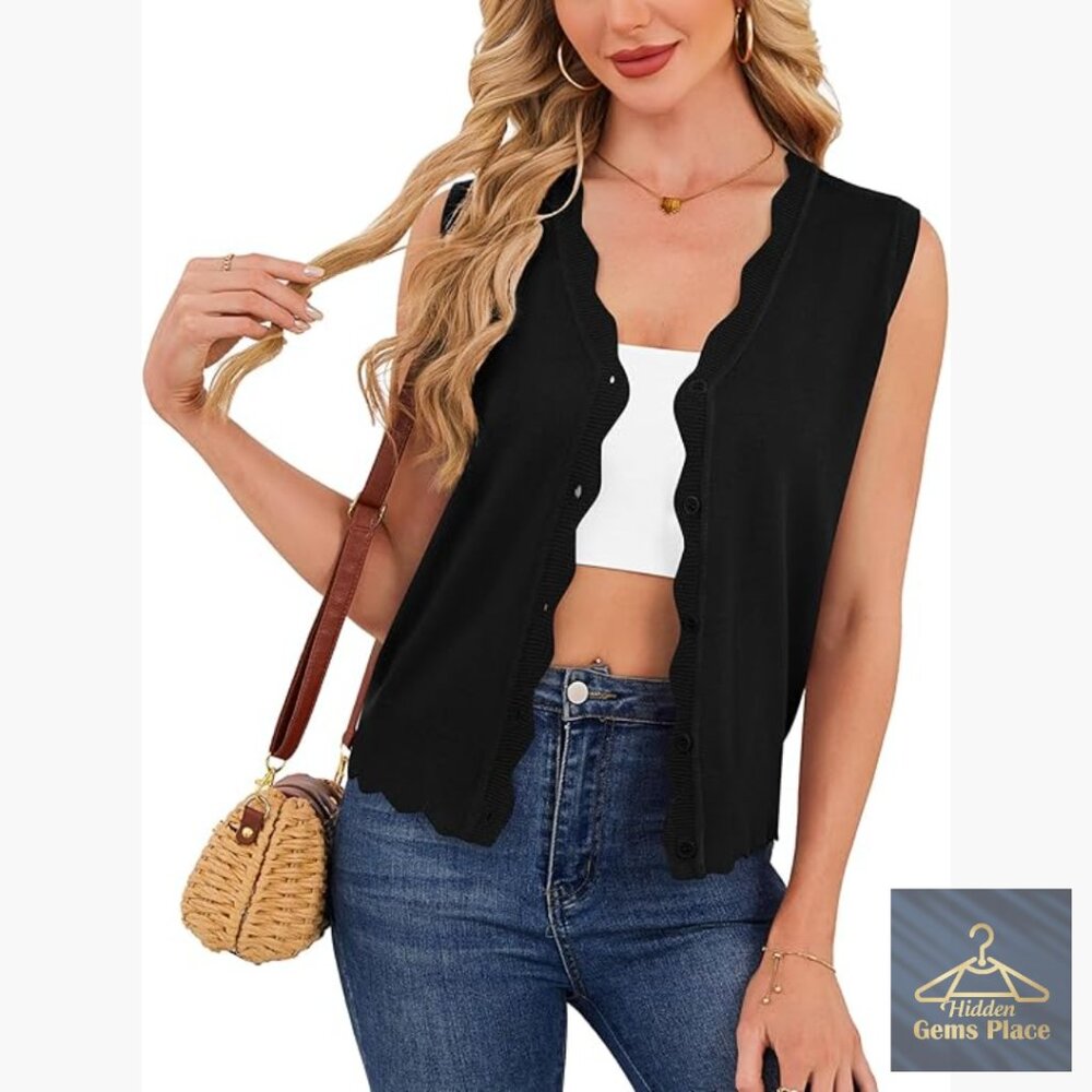 Sleeveless V-Neck Cardigan Vest Slim Fit Rayon Summer Lightweight - Picture 1 of 7